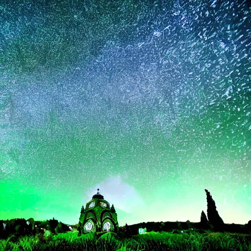 Image similar to An emerald green meadow filled with ancient structures with a cosmic sky full of stars and swirling lights