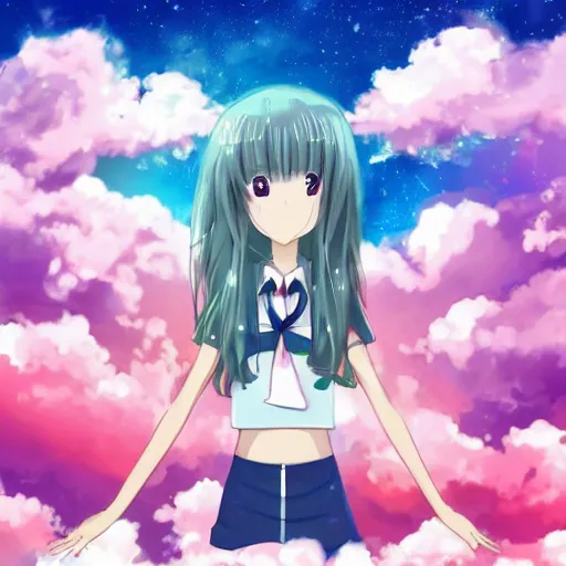 Prompt: cute anime girl looking in the sky surrounded by clouds