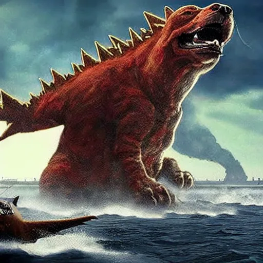 Prompt: gigantic 1 0 0 meters beagle dog fighting with godzilla over the sea, epic cinematic, 4 k, very high detail