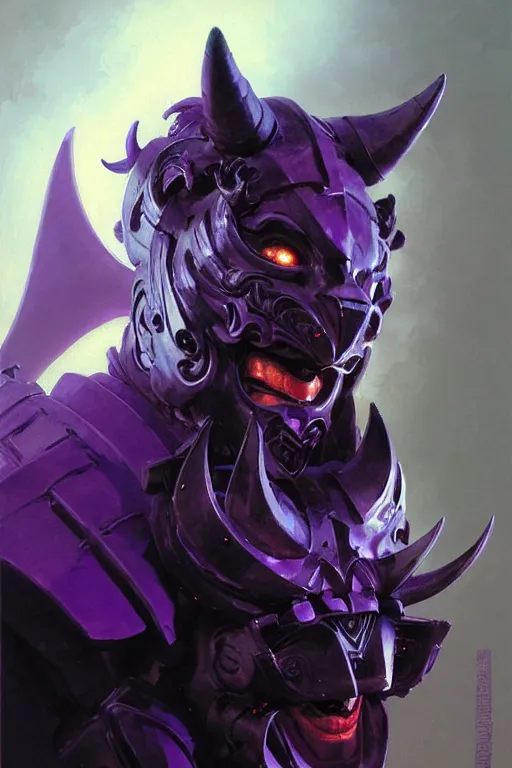 Prompt: extreme close up, facial portrait, woman with a long black ponytail in purple sci - fi armor, wearing a kitsune mask, shoulder pad is a glowing oni mask, striking pose, portrait dnd, painting by gaston bussiere, craig mullins, greg rutkowski, yoji shinkawa