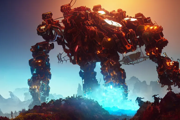 Image similar to behemoth machine mecha animal beast robot of horizon forbidden west horizon zero dawn bioluminiscence global illumination ray tracing hdr fanart arstation by sung choi and eric pfeiffer and gabriel garza and casper konefal