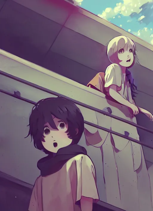 Prompt: boy shouting at the girl above on the balcony, illustration concept art anime key visual trending pixiv fanbox by wlop and greg rutkowski and makoto shinkai and studio ghibli