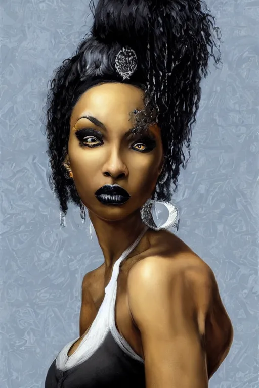 Image similar to a beautiful African American woman with long black hair, yellow eyes, gothic, intricate, elegant, dramatic lighting, gorgeous face, white tank top, highly detailed, lifelike, photorealistic, digital painting, artstation, illustration, concept art, smooth, sharp focus, art by John Collier and Albert Aublet and Krenz Cushart and Artem Demura and Alphonse Mucha