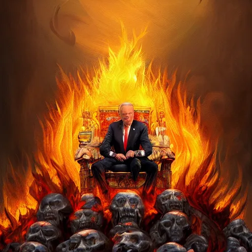 Image similar to Joe Biden sitting on a throne of skulls surrounded by fire, digital painting, highly detailed, trending on Artstation