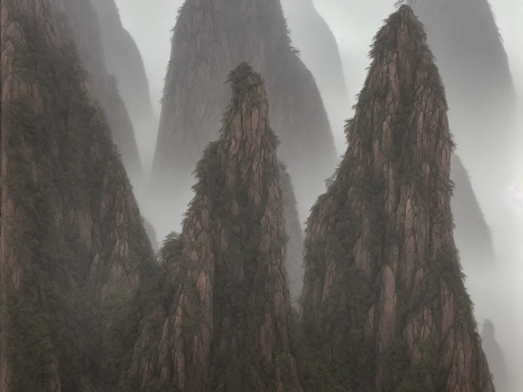 Prompt: landscape painting of huangshan on a foggy day by shenzhou 沈 周