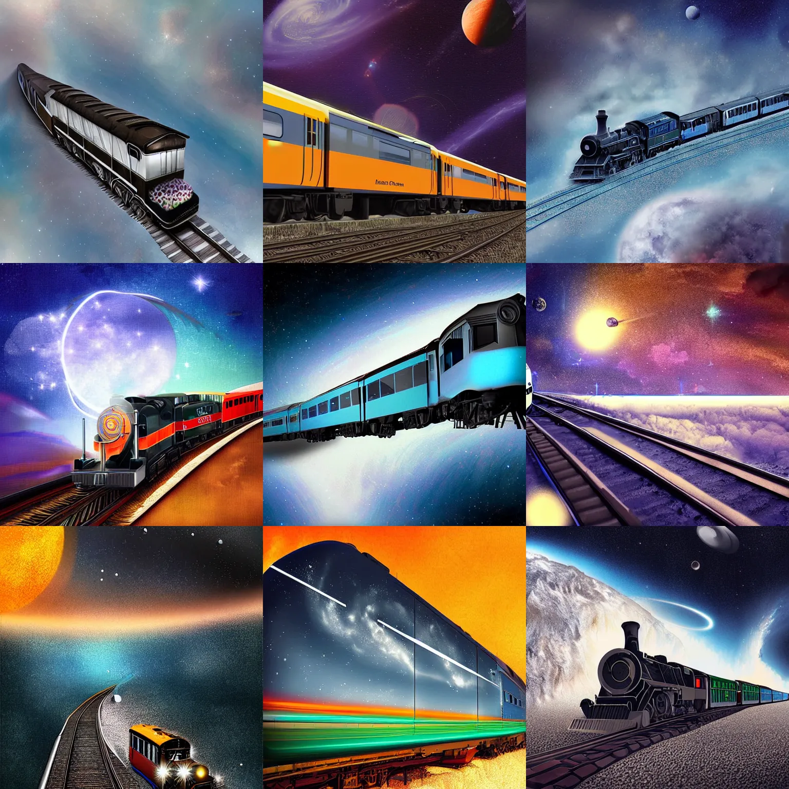 Prompt: A classic train traveling through space, digital art, realistic and realistic