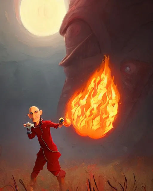 Image similar to wide shot, detailed photorealistic ( cartoony ) face, squidward, wearing fire nation clothing and practicing firebending outside at susnset, [ greg rutkowski ]