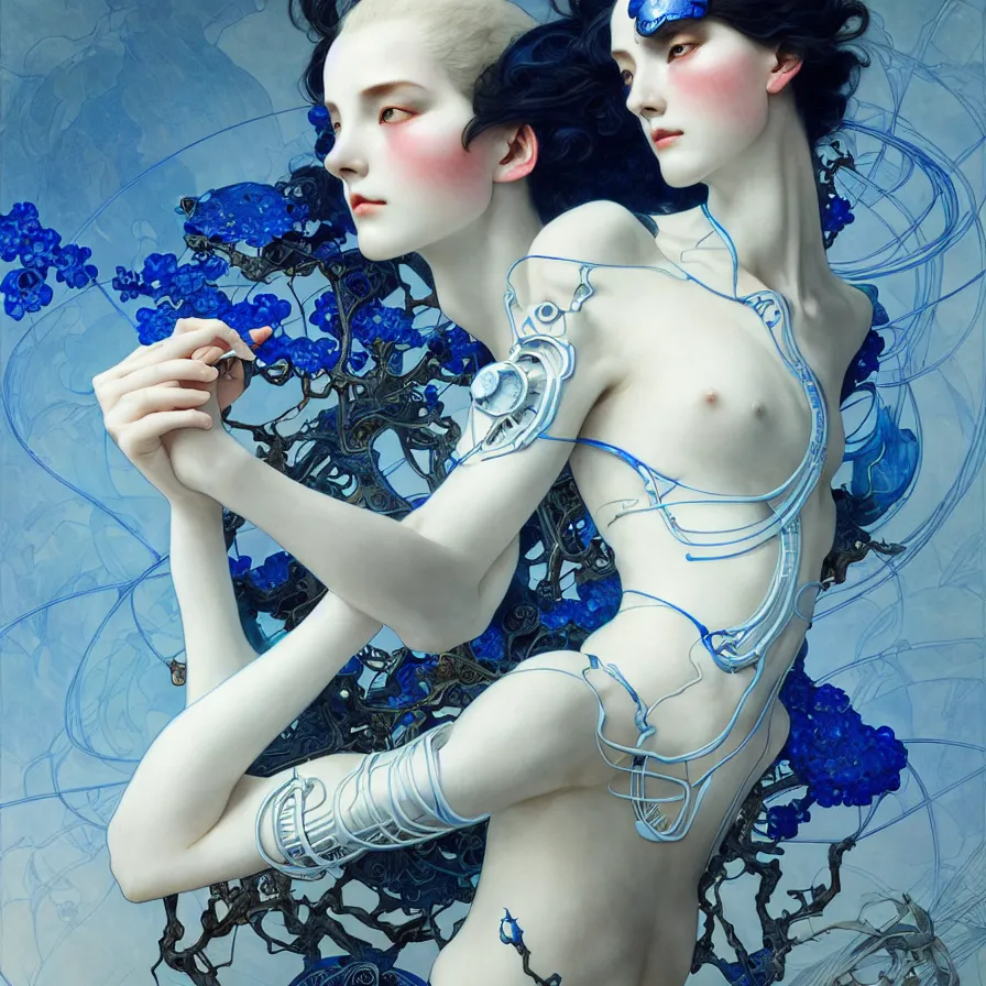 Image similar to organic cyborg, chinese blue and white porcelain, diffuse lighting, fantasy, intricate, elegant, highly detailed, lifelike, photorealistic, digital painting, artstation, illustration, concept art, smooth, sharp focus, art by john collier and albert aublet and krenz cushart and artem demura and alphonse mucha