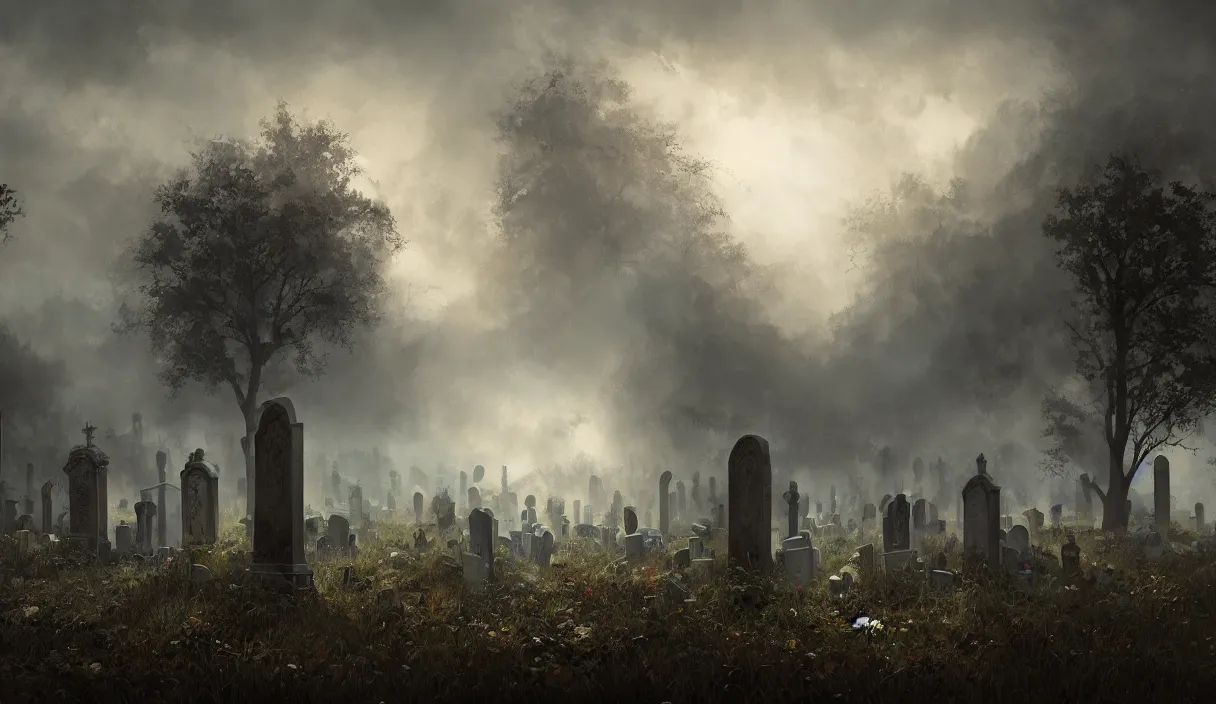 Image similar to a beautiful painting of a graveyard, cinematic angle, studio lighting, movie concept, trending on artstation, 8 k, ultra high detail