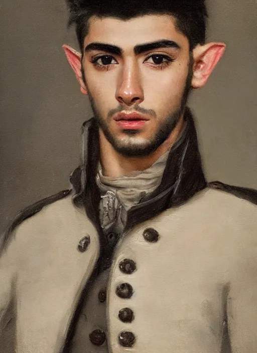 Image similar to close up head and shoulders portrait painting of young man who looks like zayn malik as an elf by jeremy mann, wearing leather napoleonic military style jacket, only one head single portrait, pointy ears