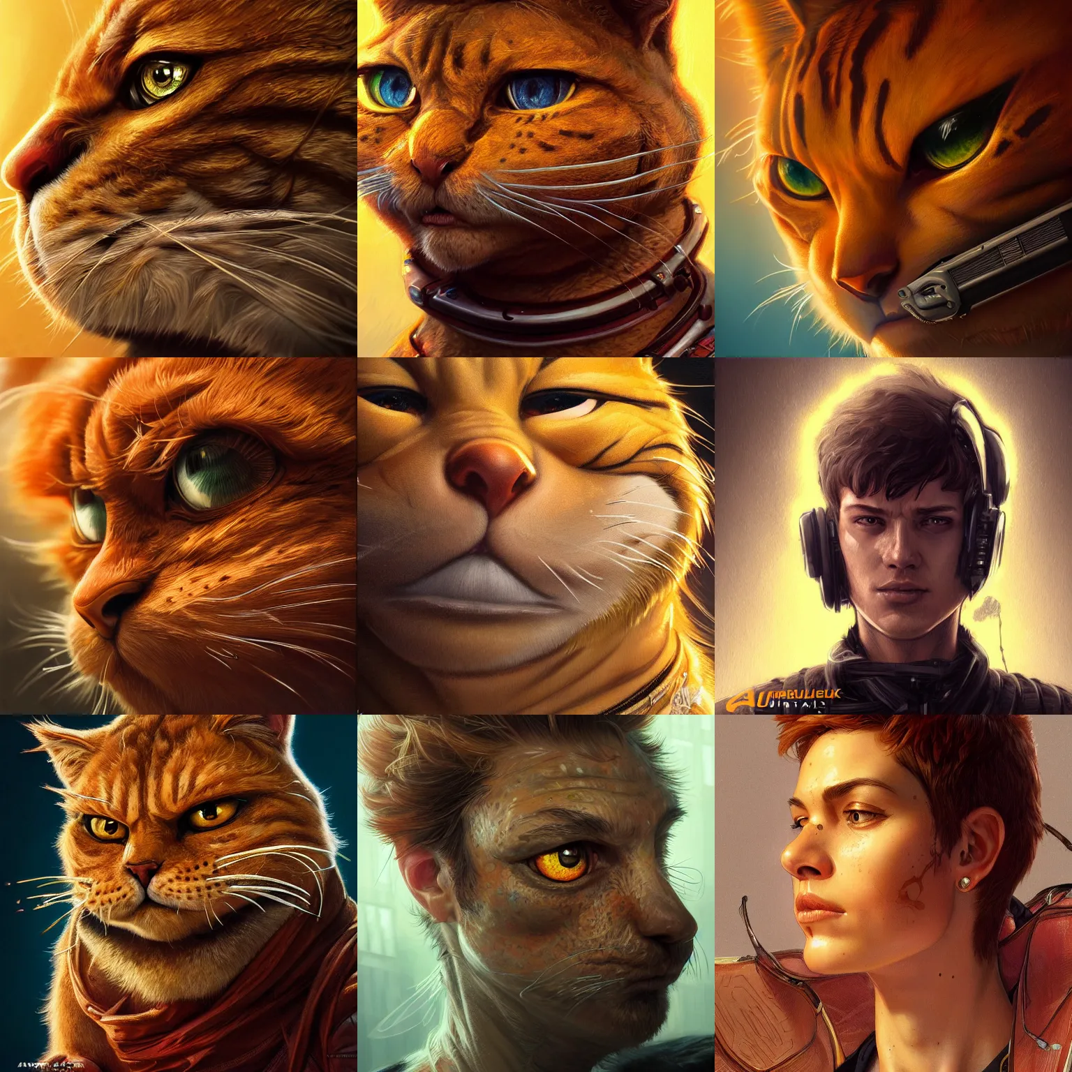 Prompt: garfield ultra realistic illustration, closeup headshot portrait, hacknaut cyberpunk, sci - fi, fantasy, intricate, elegant, highly detailed, digital painting, artstation, concept art, smooth, sharp focus, 8 k, illustration, art by artgerm and greg rutkowski and alphonse mucha