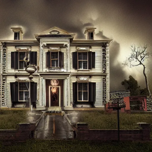 Prompt: a taxidermized horror mansion, in a lighting storm, portrait, 4 k, 8 0 mm,