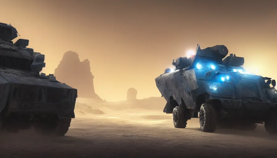 Prompt: an image of an armored vehicle in the desert with blue headlights on by Paul Chadeisson, atmospherical, concept art, high detail, intimidating , cinematic, sun flare, dust storm , Artstation trending, octane render