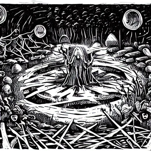 Prompt: rich details by allison bechdel. a beautiful land art of a small figure standing in the center of a dark, foreboding landscape. the figure is surrounded by strange, monstrous creatures, & there is a feeling of unease & dread.