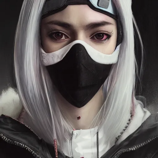 Image similar to very cool girl white hair girl with mask, streetwear, techwear, cyberpunk style outfit, full body, nose piercing, detailed portrait, intricate complexity, by greg rutkowski, artgerm, ross tran, conrad roset, takato yomamoto, ilya kuvshinov. 4 k, beautiful, cinematic dramatic atmosphere