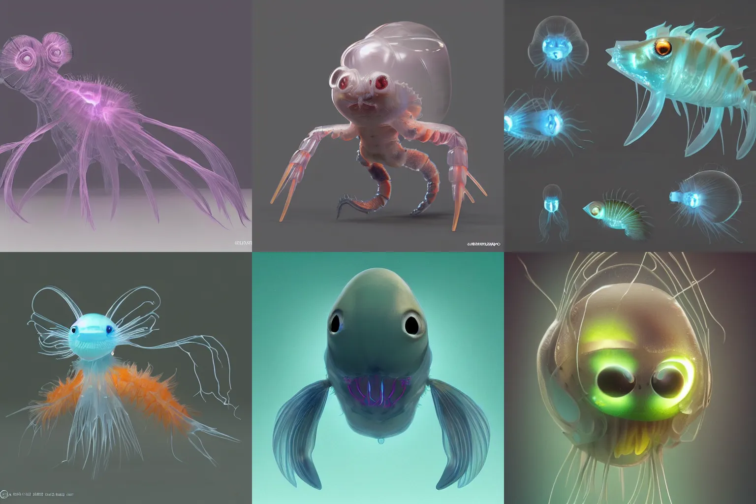 Prompt: cute! ghost shrimp, Barreleye fish, translucent SSS xray, Barreleye, rimlight, jelly fish dancing, fighting, bioluminescent screaming pictoplasma characterdesign toydesign toy monster creature, zbrush, octane, hardsurface modelling, artstation, cg society, by greg rutkowksi, by Eddie Mendoza, by Peter mohrbacher, by tooth wu