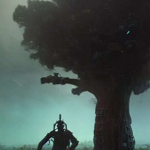 Prompt: a zulu cyberpunk hunter near pink lake witha a baobab tree during a thunderstorm by greg rutkowski and android jones in a surreal portrait style, oil on canvas, 8k resolution.