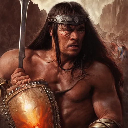 Prompt: Conan the Barbarian, 4k oil on linen by wlop, artgerm, andrei riabovitchev, nuri iyem, james gurney, james jean, greg rutkowski, highly detailed, soft lighting 8k resolution