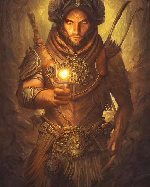 Prompt: digital painting of an otomitl by filipe pagliuso and justin gerard, symmetric, fantasy, detailed, intricate, portrait, sharp focus, tarot card, handsome, gwent