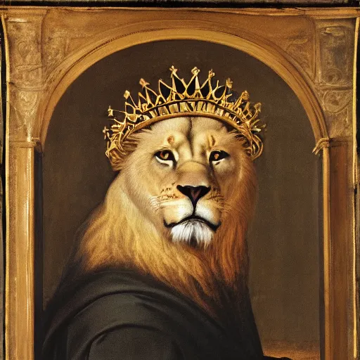 Image similar to a renaissance style portrait of a wild lion wearing a crown and a cape, dark background