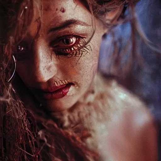 Image similar to beautiful portrait of a female sorceress, 35mm, cinematic atmosphere, photorealistic, depth of field, style of irwing penn and steve mccurry