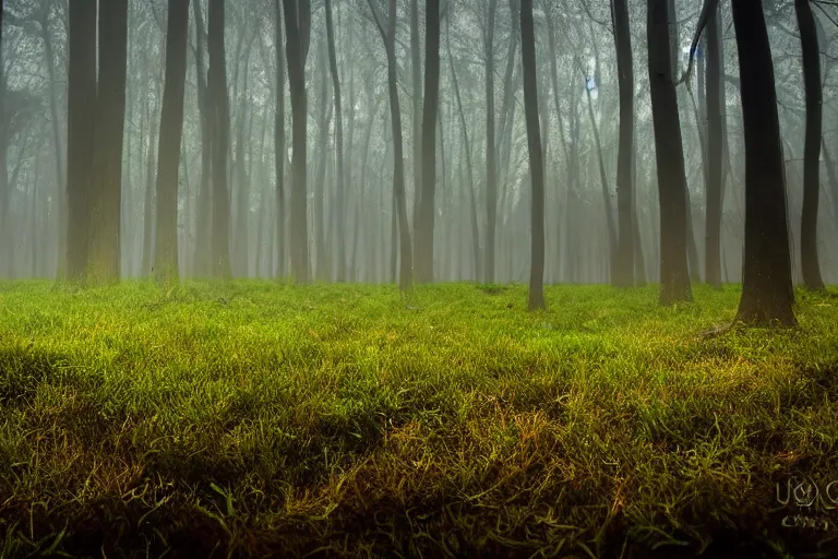 Prompt: meadow of luminous mushrooms Neonothopanus gardneri in the forest, mysterious fog, wee hours, photo realism, Sony a7R