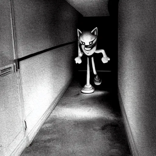 Image similar to sonic the hedgehog, creepy, horror, off - putting, dark, hallway, photo, paranormal