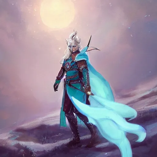 Prompt: handsome male snow elf in a turquoise cape and silver ornate armour as an archer, albino skin, pointed ears, ethereal opalescent mist, moonlight snow, fantasy art, perfect face, elegant, very coherent symmetrical artwork, atmospheric lighting, rule of thirds, by wenjun lin, krenz cushart, charlie bowater, trending on artstation