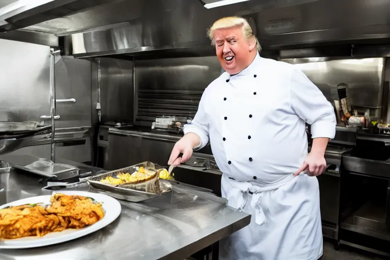 Image similar to high quality photo of fat Donald Trump working as a cook at a diner. He he is cooking on a griddle. He is smiling stupidly. Well lit