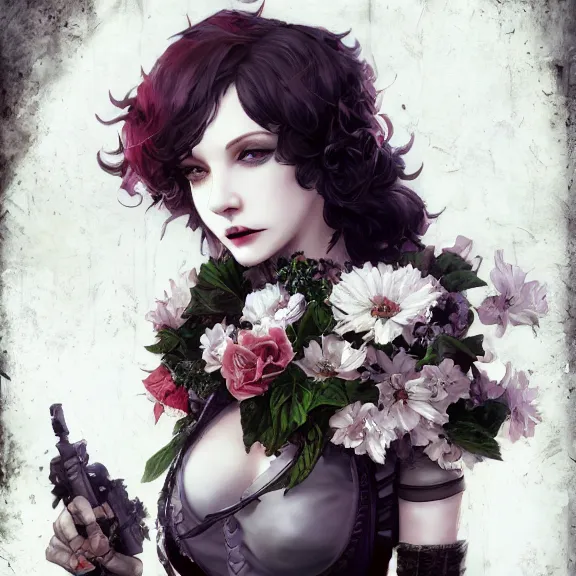 Image similar to goth christina hendricks with flowers in her hand, tankoban, 4 k, tone mapping, akihiko yoshida, james jean andrei riabovitchev marc simonetti, yoshitaka amano, long hair, curly, h. hydrochaeri