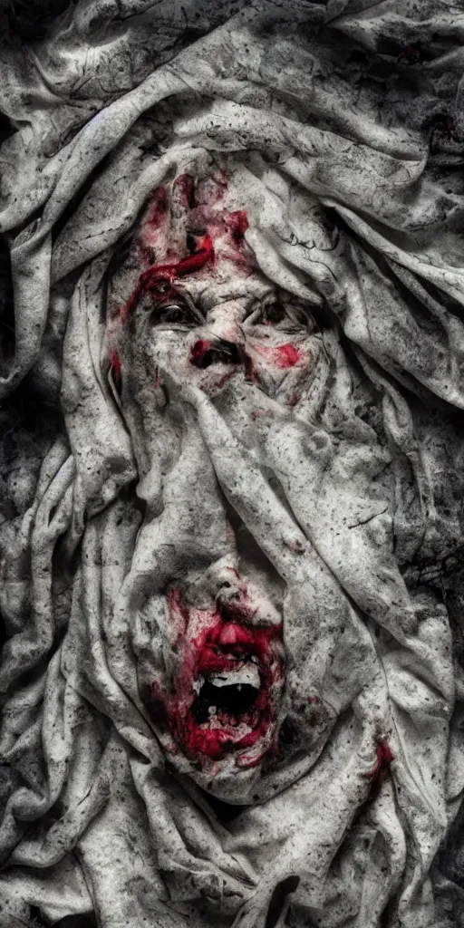 Image similar to feeling rage like never before, surrealism, abstract human face, hidden behind torn cloth swirling violently, abstract cloth simulation, tattered fabric, rags, ragged