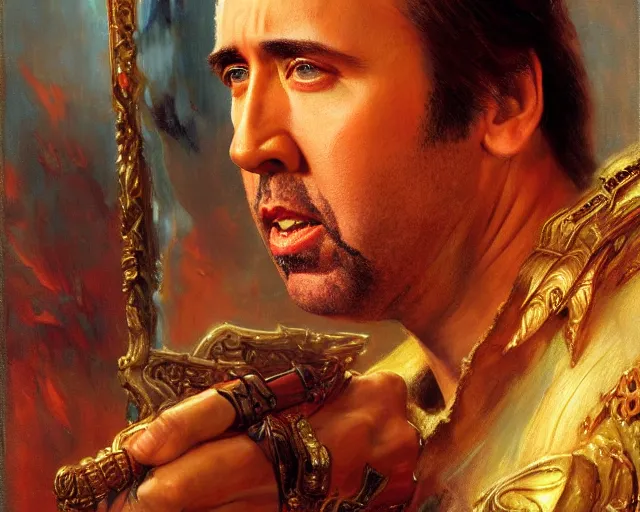 Image similar to attractive nicolas cage as a god. highly detailed painting by gaston bussiere, craig mullins, j. c. leyendecker 8 k