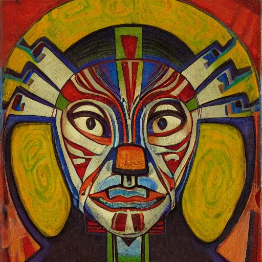 Image similar to head of a shaman wearing a mask made of enamelled flowers, by annie swynnerton and jean delville and john watkiss and rufino tamayo and diego rivera, art deco shaman, stylized geometric flowers, art brut, symbolist, dramatic lighting, god rays, clean crisp graphics, smooth sharp focus, extremely detailed, adolf wolfli