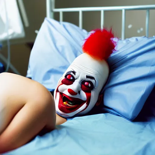 Image similar to confused laughing clown lying in hospital bed with wrist restraints on, restraints have fabric straps attached to hospital bed, photograph, 8 k