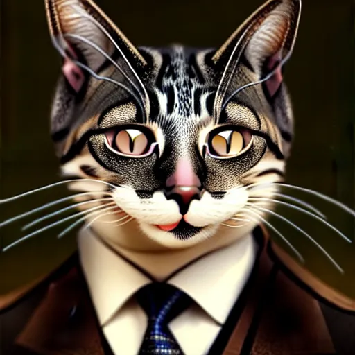 Prompt: anthropomorphic cat donald rumsfeld, elegant intricate digital painting artstation concept art by mark brooks and brad kunkle detailed