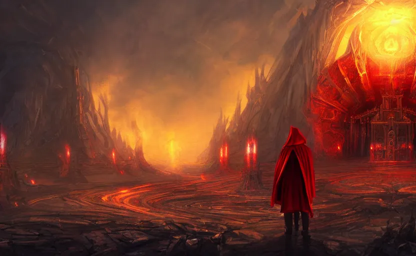 Image similar to red hooded mage, holding a golden bell, standing in front of an enormous arcane gate to another realm, mindblowing, concept art, matte, illustration, ominous, magical, dnd, 4 k uhd, very detailed