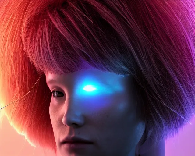 Image similar to glowing hair, complex cybernetic beings, beautiful hairy humanoids, cybermagnetosphere, cybernetic civilizations, ornate hair, love, joy, vortexes, large arrays, data holograms, 8 k, cinematic light shadows, wet hdr refractions, *, * * *, * * * * *