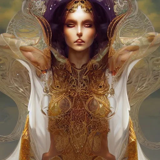 Image similar to a beautiful woman wearing white kaftan with golden ornaments by alex gray and android jones , Karol Bak, Ayami Kojima, Amano , concept art, character design, fantasy,3D, 8k resolution