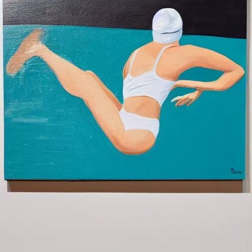 Prompt: acrylic painting on wood of a woman wearing a swimming cap diving from a high diving board into a pool. the pool is out of frame. teal, white, black and grayscale. simple. flat. 1 9 6 2