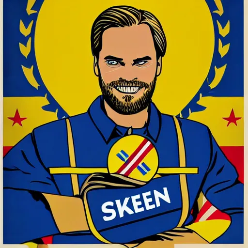 Image similar to Swedish propaganda poster of PewDiePie with the flag of Sweden in the background