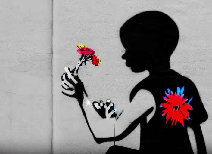 Prompt: a side profile of a black and white single boy holding colourful flowers in the style of Banksy on a white concrete background, graffiti, digital art