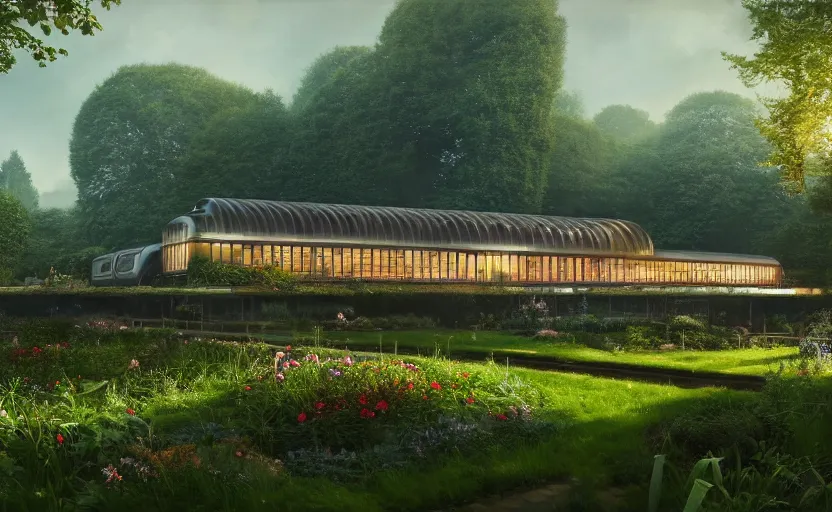 Prompt: exterior shot of utopian train station on in the middle of an english garden with cinematic lighting by peter zumthor and renzo piano, darek zabrocki and greg ruthkowski, simon stalenhag, cinematic, holy place, paradise, scifi, futurism, atmospheric, concept art, artstation, trending on artstation