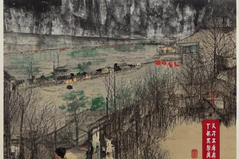 Image similar to a chinese prison near a river by peter doig, overlaid with chinese adverts