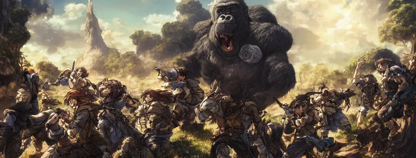 Prompt: calvary soldiers charging at a giant gorilla throwing rocks. hyperrealistic anime background illustration by kim jung gi, colorful, extremely detailed faces, intricate linework, smooth, super sharp focus, bright colors, high contrast, matte, octopath traveler, unreal engine 5 highly rendered, global illumination, radiant light