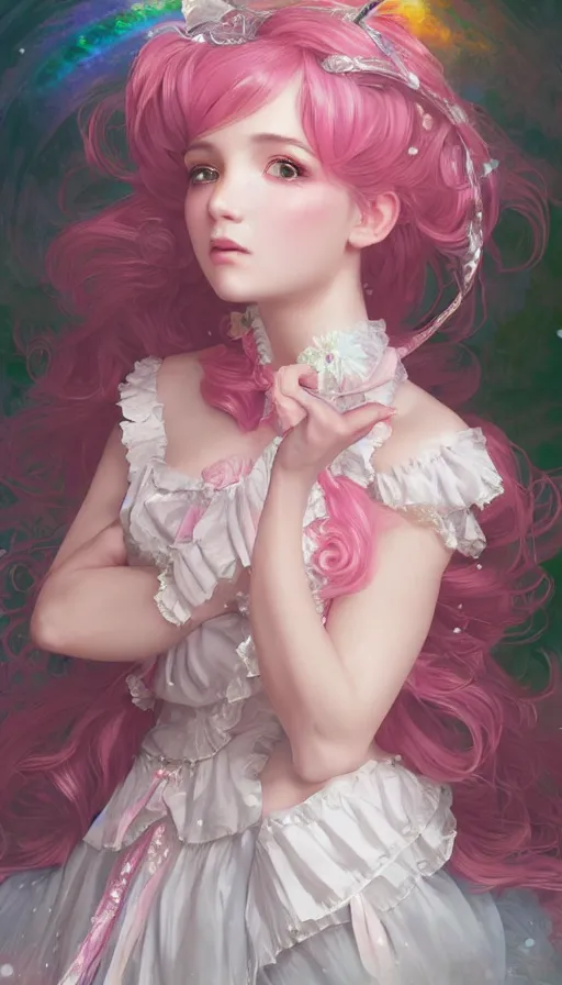 Prompt: portrait of magical lolita girl, dreamy and ethereal, expressive pose, pink eyes, peaceful expression, ornate frilly dress, fantasy, intricate, elegant, many rainbow bubbles, highly detailed, digital painting, artstation, concept art, soft focus, sharp focus, illustration, art by artgerm and greg rutkowski and alphonse mucha