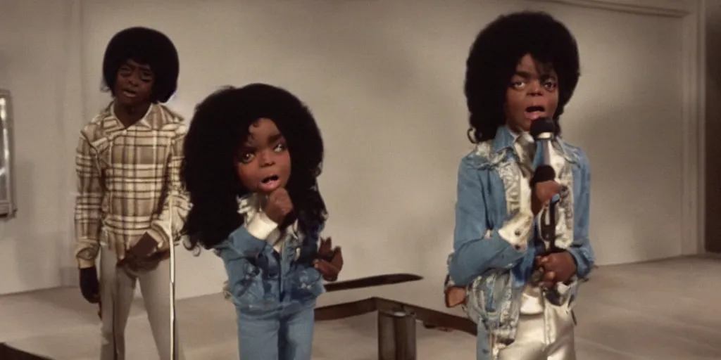 Prompt: Michael Jackson in 1972 as a small black child singing in a retro vintage 1970s television show in old soulful clothing, solo, alone, standing by himself , 1 person, ultra realistic, 4K, movie still, UHD, sharp, detailed, cinematic, render, modern