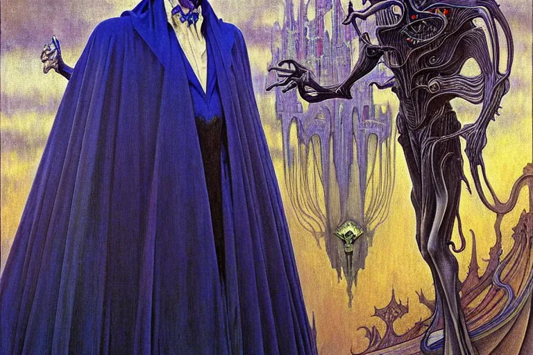 Image similar to realistic extremely detailed portrait painting of an elegantly creepy vampire man in a cape, futuristic sci-fi castle on background by Jean Delville, Amano, Yves Tanguy, Alphonse Mucha, Ernst Haeckel, Edward Robert Hughes, Roger Dean, rich moody colours, blue eyes