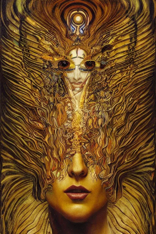 Image similar to Metamorphosis by Karol Bak, Jean Deville, Gustav Klimt, and Vincent Van Gogh, transformational chimera portrait, visionary, hair made of cicada wings, transformation, chimera, metamorphosis, otherworldly, fractal structures, ornate gilded medieval icon, third eye, spirals, horizontal symmetry