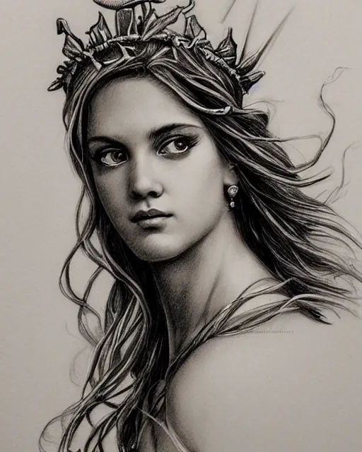 Image similar to pencil drawing of a beautiful greek goddess aphrodite wearing a laurel wreath and arrowhead earrings, beautiful confident eyes, beautiful flowing hair, glowing god eyes, hyper realistic face, in the style of greg rutkowski, fantasy, amazing detail, epic, elegant, smooth, sharp focus, from the front