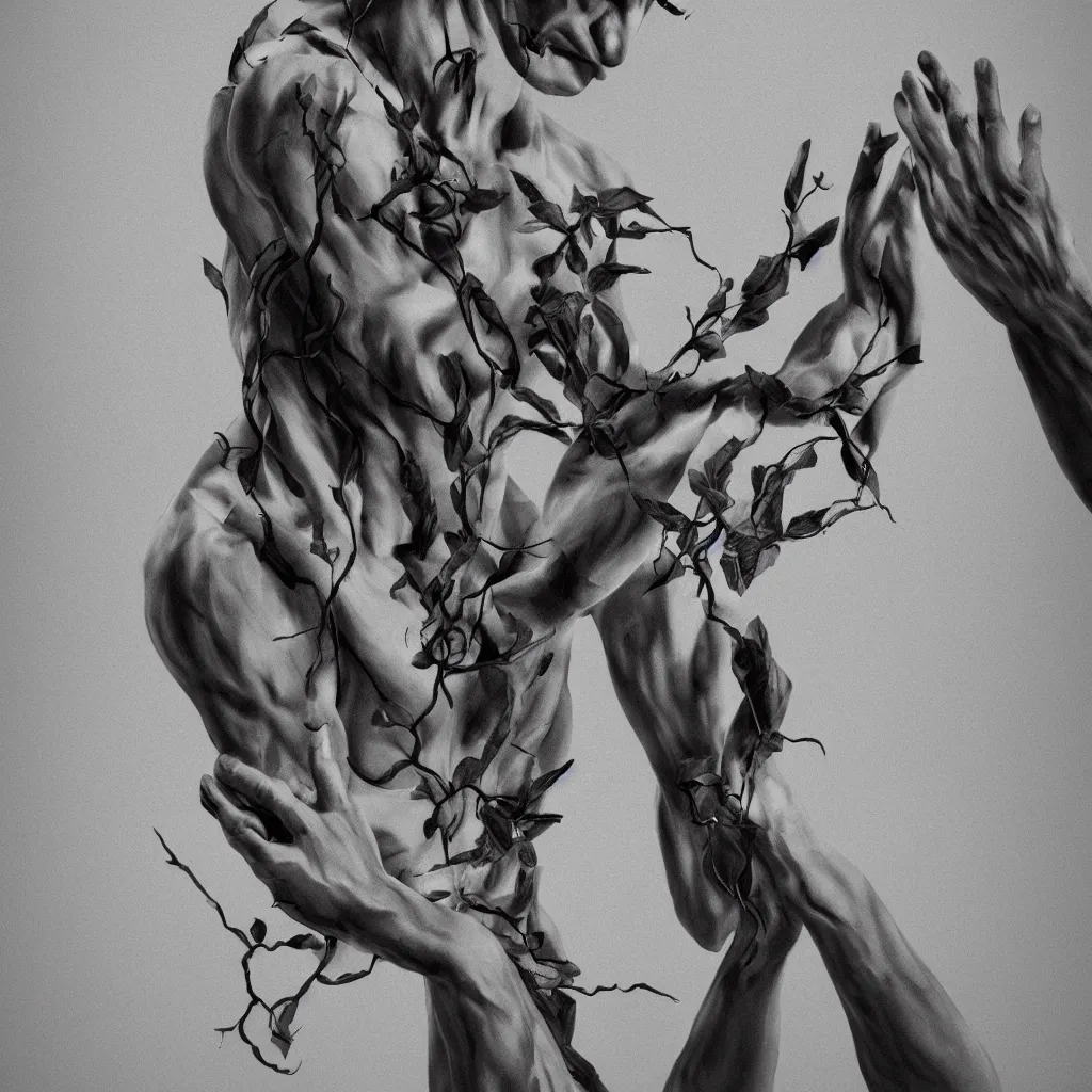 Image similar to monochrome faceless man praying, vines are growing on his body, death, photorealistic, monochrome, hyper realism, unreal engine, trending in artstation